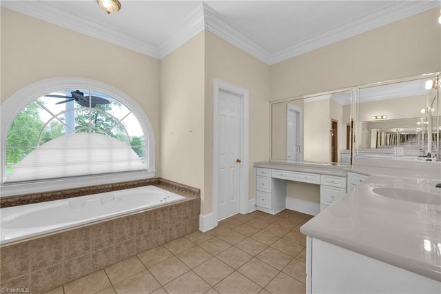 full bath with a garden tub, crown molding, vanity, tile patterned floors, and a ceiling fan