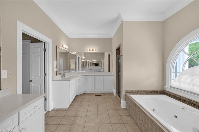 full bathroom with a jetted tub, tile patterned flooring, a shower stall, vanity, and ornamental molding