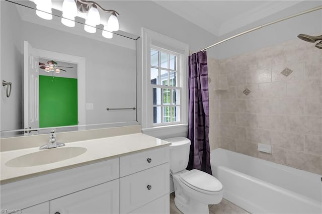full bath featuring vanity, tile patterned floors, toilet, and shower / bath combination with curtain