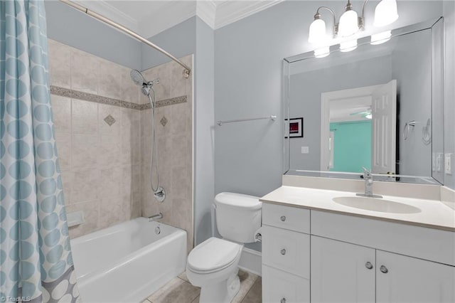 full bath with vanity, ornamental molding, shower / tub combo with curtain, toilet, and tile patterned floors