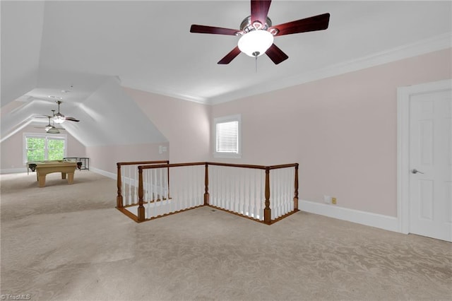 additional living space with ceiling fan, billiards, baseboards, and carpet