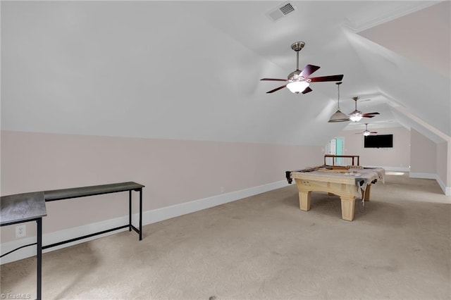 game room with a ceiling fan, light colored carpet, visible vents, pool table, and lofted ceiling