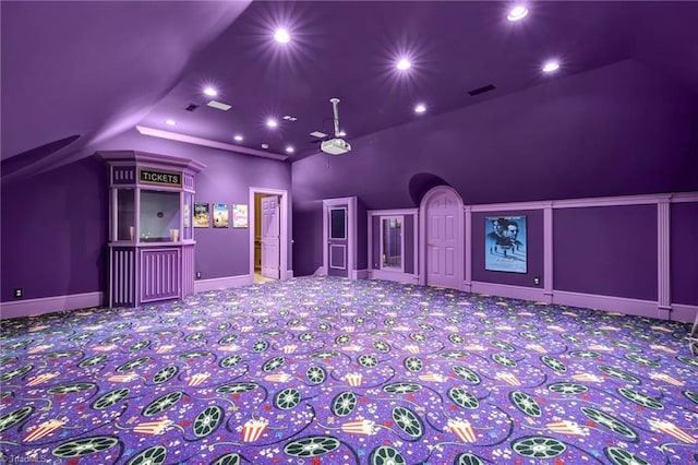 home theater featuring ceiling fan, visible vents, carpet floors, lofted ceiling, and recessed lighting