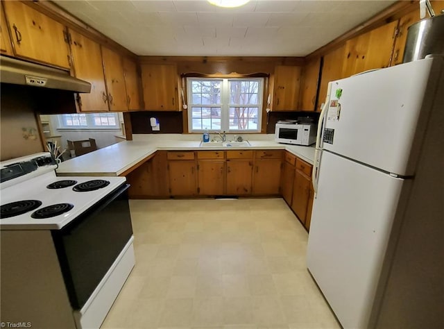 kitchen with white appliances, light countertops, plenty of natural light, and light floors