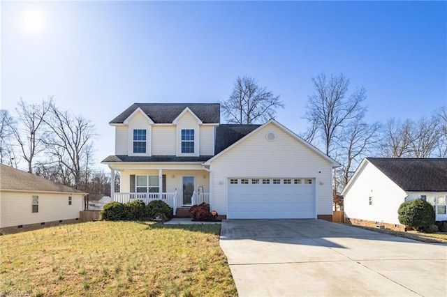 view of front property with a garage, a front lawn, and covered porch