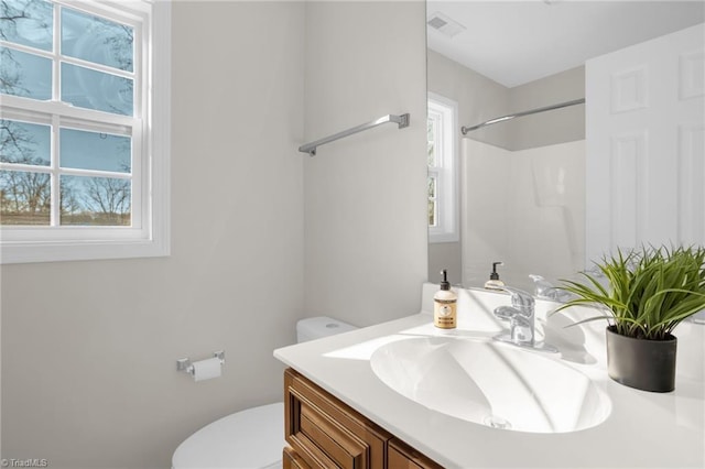 bathroom with vanity, plenty of natural light, a shower, and toilet