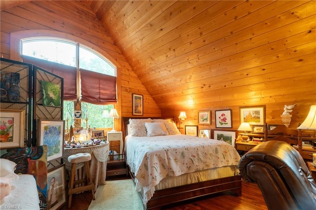 bedroom with wood ceiling, lofted ceiling, wood walls, and wood-type flooring