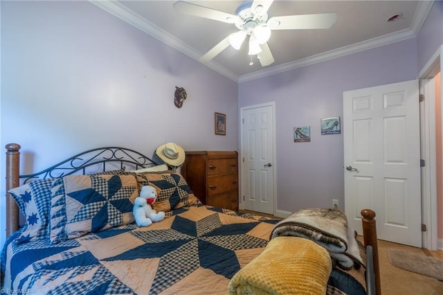 bedroom featuring ornamental molding and ceiling fan