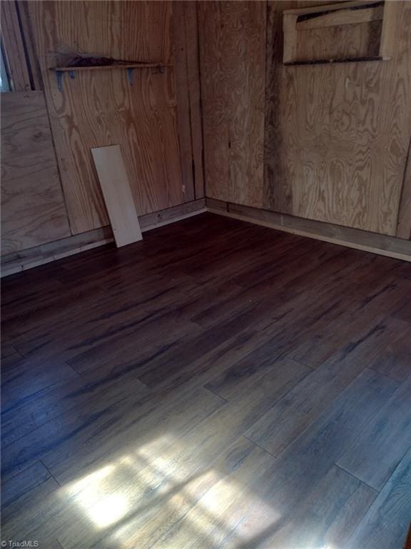 spare room with wood walls and dark hardwood / wood-style flooring