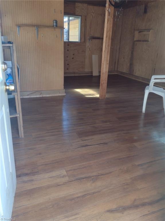 basement featuring wood walls and dark hardwood / wood-style floors