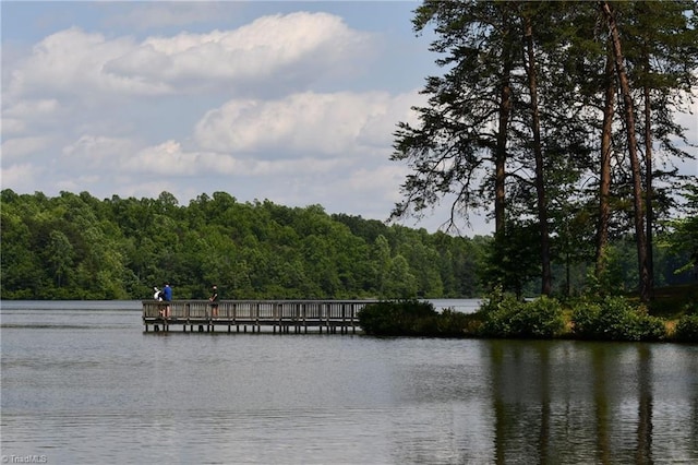 view of water feature featuring a forest view