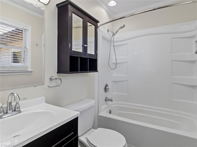 full bath featuring toilet, shower / washtub combination, ornamental molding, and vanity