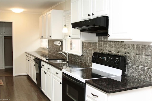 kitchen with sink, backsplash, black appliances, and white cabinets