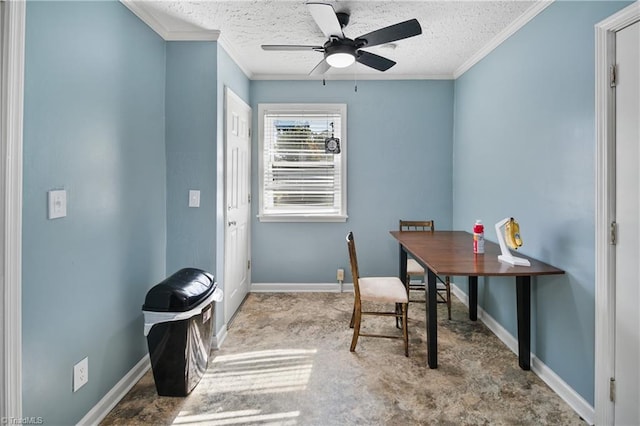 carpeted home office with crown molding, a textured ceiling, and ceiling fan