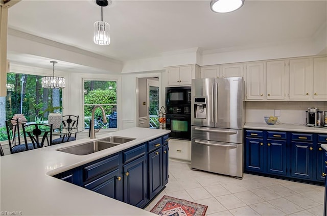 226 Cedar Trl, Winston-Salem, NC 27104 - kitchen with black appliances, a sink, blue cabinetry, and white cabinets
