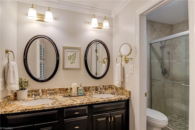 226 Cedar Trl, Winston-Salem, NC 27104 - full bath with double vanity, a stall shower, toilet, and ornamental molding