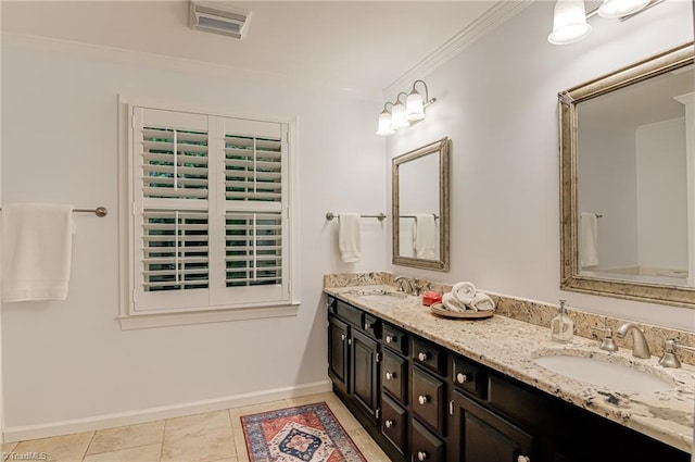 226 Cedar Trl, Winston-Salem, NC 27104 - full bath featuring double vanity, baseboards, crown molding, and tile patterned flooring