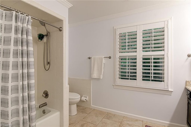 226 Cedar Trl, Winston-Salem, NC 27104 - bathroom with toilet, vanity, shower / bath combo, ornamental molding, and tile patterned flooring