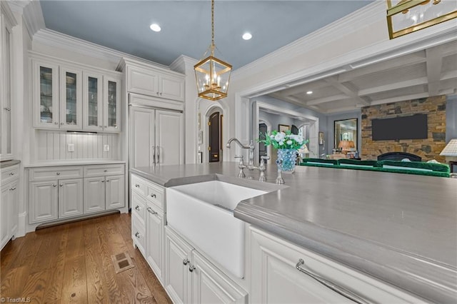 2990 Reynolds Sq, Winston-Salem, NC 27106 - kitchen featuring a chandelier, dark wood finished floors, pendant lighting, recessed lighting, and white cabinets