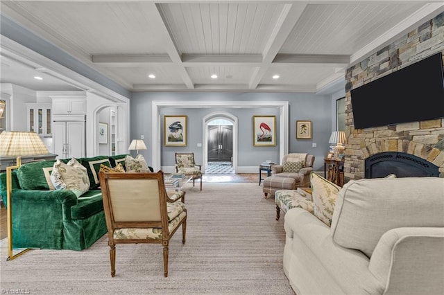 2990 Reynolds Sq, Winston-Salem, NC 27106 - living area featuring a fireplace, beamed ceiling, recessed lighting, coffered ceiling, and arched walkways
