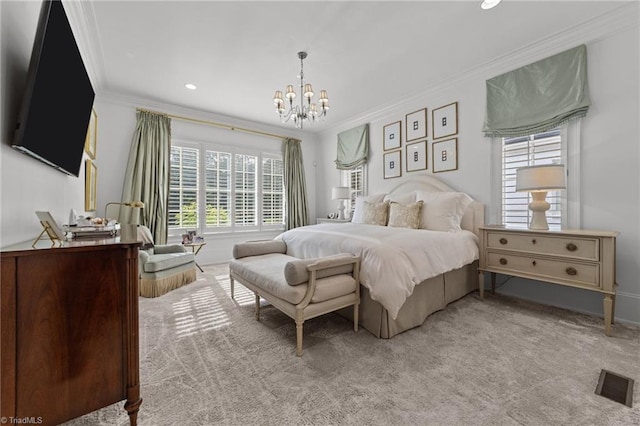 2990 Reynolds Sq, Winston-Salem, NC 27106 - bedroom featuring a chandelier, crown molding, light carpet, and recessed lighting