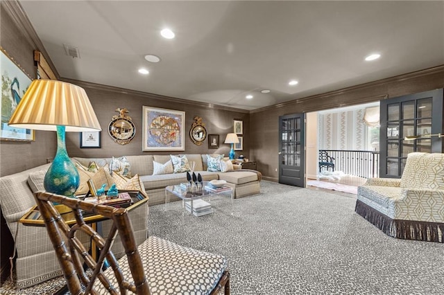 2990 Reynolds Sq, Winston-Salem, NC 27106 - living room featuring ornamental molding, recessed lighting, and carpet flooring