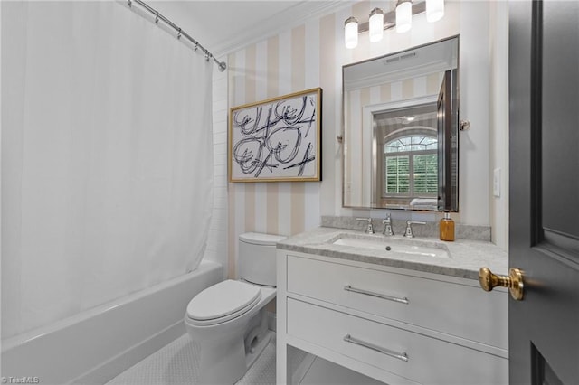 2990 Reynolds Sq, Winston-Salem, NC 27106 - full bath with wallpapered walls, vanity, shower / bath combo with shower curtain, and tile patterned floors