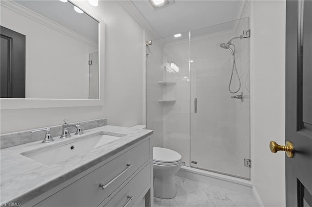 2990 Reynolds Sq, Winston-Salem, NC 27106 - full bathroom with vanity, marble look tiles, a stall shower, and ornamental molding