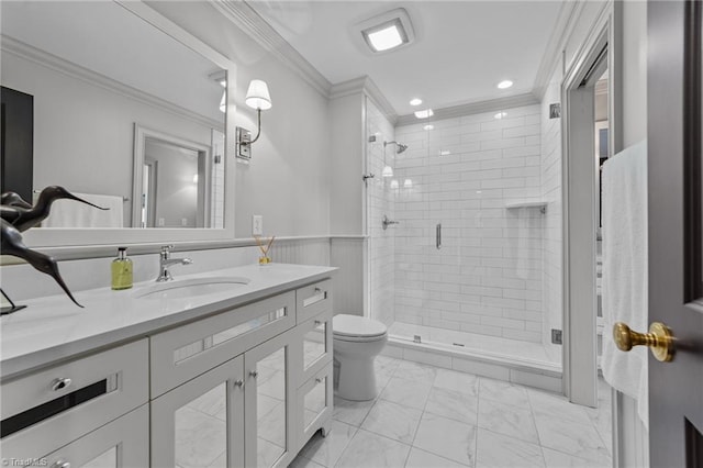 2990 Reynolds Sq, Winston-Salem, NC 27106 - full bath featuring marble finish flooring, a shower stall, vanity, ornamental molding, and recessed lighting