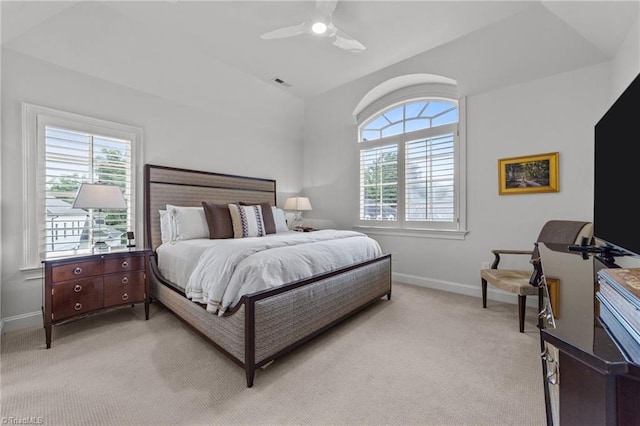 2990 Reynolds Sq, Winston-Salem, NC 27106 - bedroom featuring light colored carpet, multiple windows, vaulted ceiling, and ceiling fan