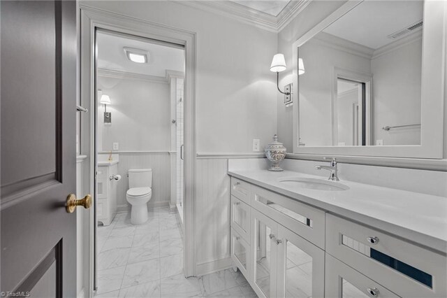 2990 Reynolds Sq, Winston-Salem, NC 27106 - full bathroom with marble finish floors, vanity, wainscoting, an enclosed shower, and crown molding