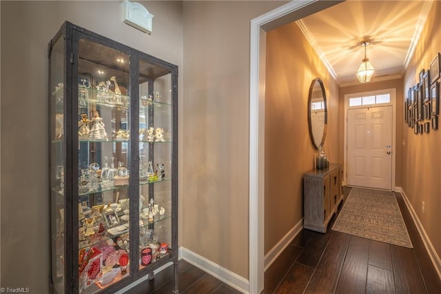 entrance foyer featuring dark hardwood / wood-style flooring and ornamental molding