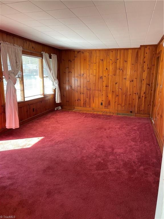 spare room featuring wood walls, carpet, and baseboards