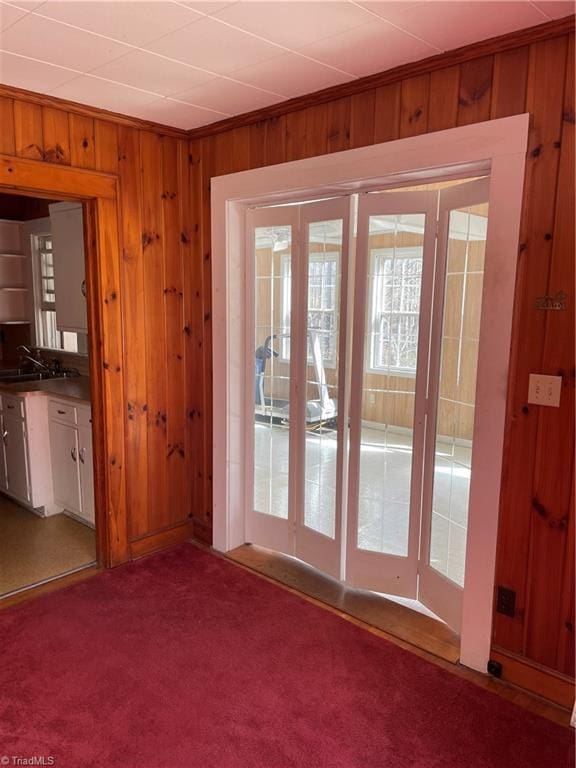 doorway featuring ornamental molding, light carpet, wood walls, and a sink