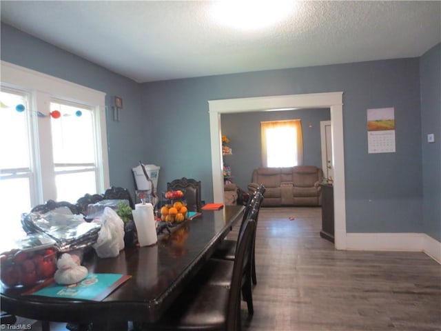 dining area featuring a textured ceiling and wood-type flooring