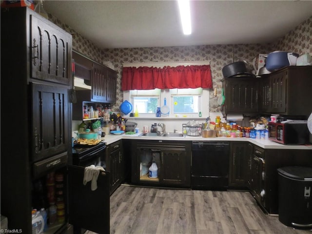 kitchen with black appliances, dark brown cabinetry, sink, and light wood-type flooring