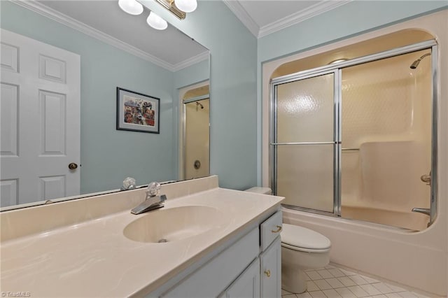 full bathroom with shower / bath combination with glass door, vanity, toilet, tile patterned floors, and ornamental molding