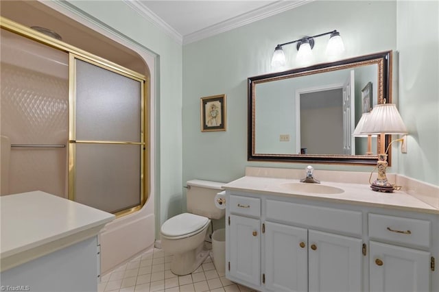 bathroom with crown molding, shower / bath combination with glass door, tile patterned flooring, vanity, and toilet
