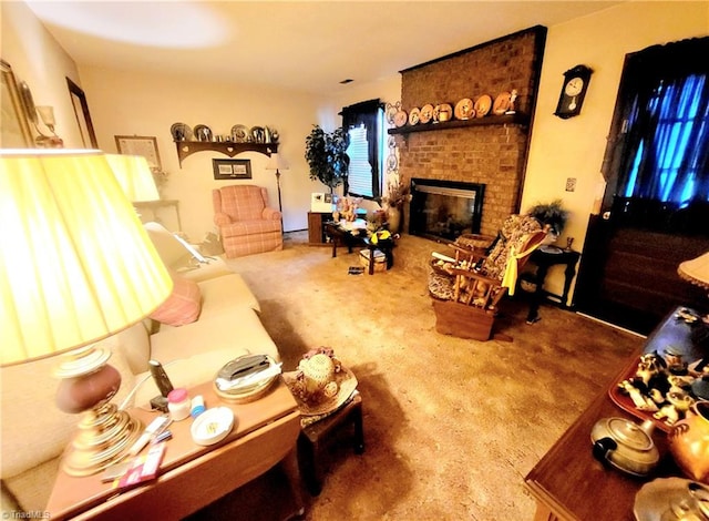 carpeted living room featuring a fireplace