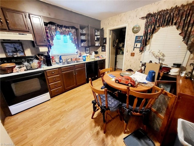 kitchen featuring black dishwasher, electric stove, dark brown cabinets, light hardwood / wood-style flooring, and sink