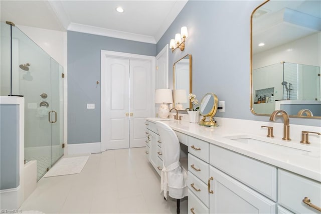 bathroom with a stall shower, ornamental molding, a sink, recessed lighting, and double vanity