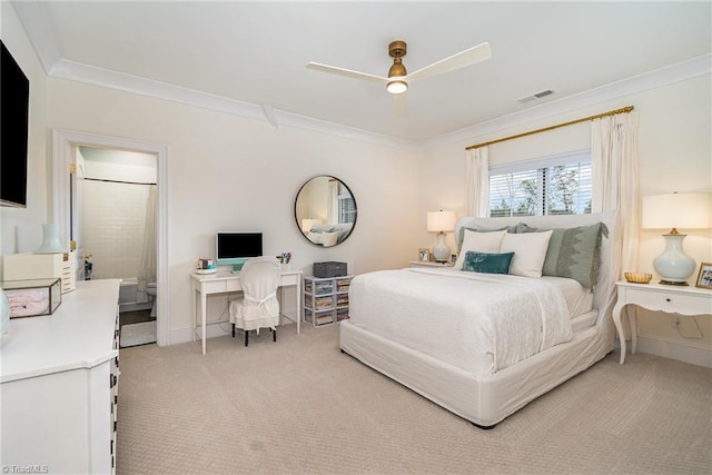 bedroom featuring visible vents, crown molding, ceiling fan, baseboards, and light carpet