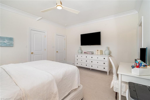 bedroom with light colored carpet, ceiling fan, and ornamental molding