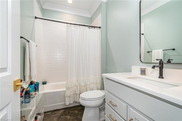 full bathroom featuring tile patterned flooring, toilet, shower / bath combo, recessed lighting, and vanity