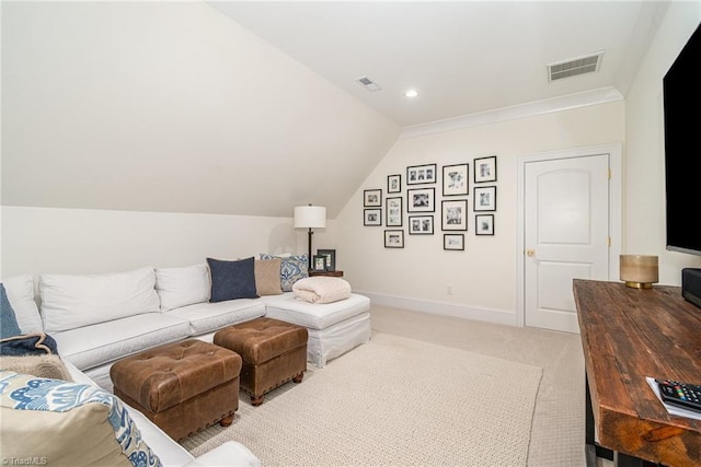 living room featuring visible vents, baseboards, recessed lighting, vaulted ceiling, and light colored carpet