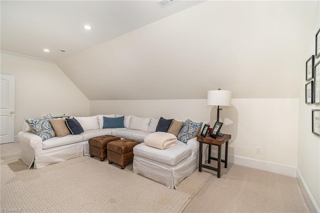 carpeted living room featuring recessed lighting, baseboards, and vaulted ceiling