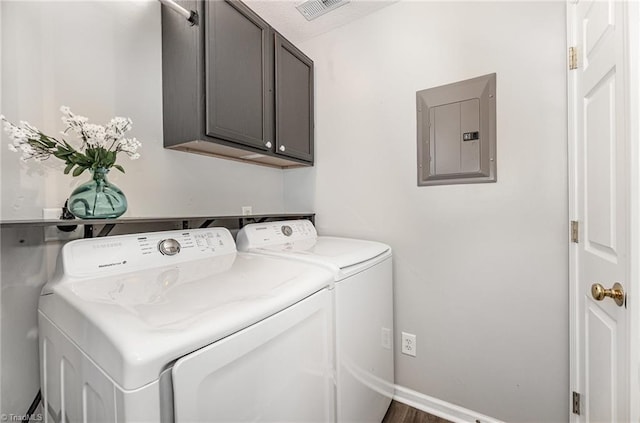 clothes washing area with baseboards, visible vents, washing machine and clothes dryer, electric panel, and cabinet space