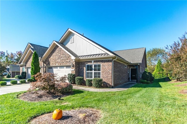 view of home's exterior with a lawn and a garage