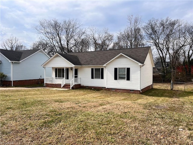 ranch-style house featuring roof with shingles, a porch, a front yard, crawl space, and fence