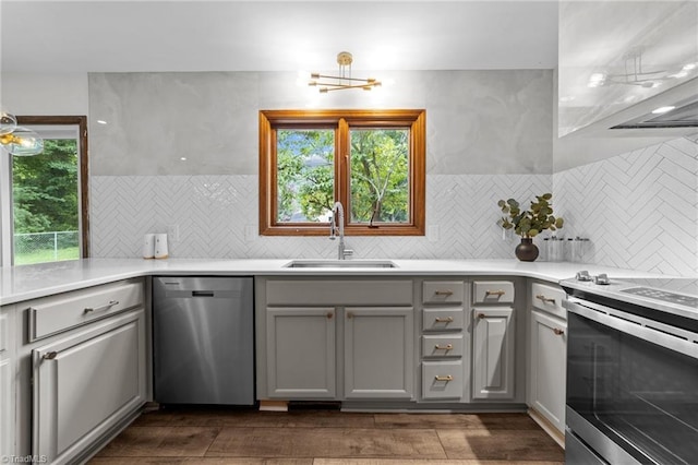 kitchen with backsplash, appliances with stainless steel finishes, dark wood-type flooring, gray cabinetry, and sink